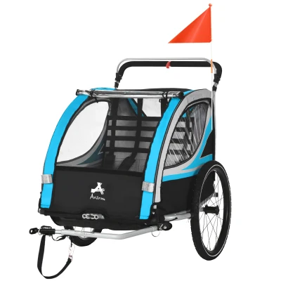 Aosom 3-in-1 Bike Trailer for Kids, Running Stroller with 2 Seats, Jogging Cart with 5-Point Harness, Storage Units, Blue