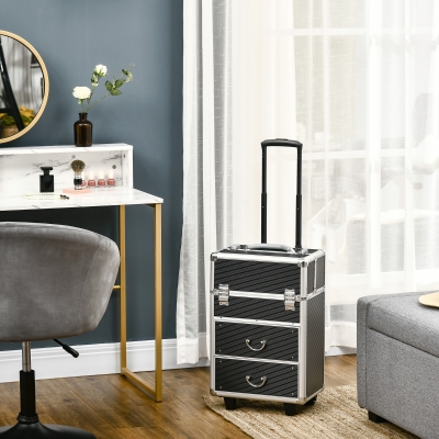 HOMCOM Aluminum Rolling Makeup Train Case, Portable Professional Cosmetic Makeup Case, Lockable Traveling Cart Trunk with Folding Trays, Swivel Wheels and Keys, Black