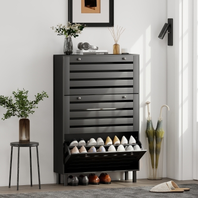 HOMCOM Narrow Shoe Storage Cabinet, 3 Flip Drawers, Adjustable Shelves, 18-24 Pairs Capacity, Black