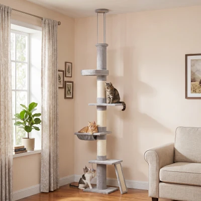 PawHut Adjustable Floor-to-Ceiling Cat Tree 5-Level Tower, Gray