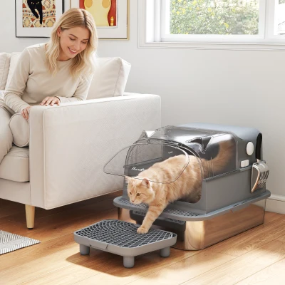 PawHut XXL Stainless Steel Enclosed Cat Litter Box with Flip Lid