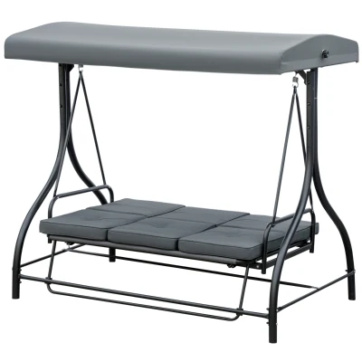 Outsunny Convertible Patio Swing Bed with Canopy and Cushions, 3 Seater Porch Swing for Outdoor, Backyard, Garden, Dark Grey