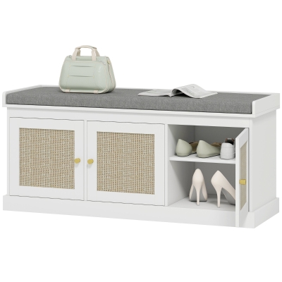 HOMCOM White Shoe Storage Bench with Rattan Doors & Cushion