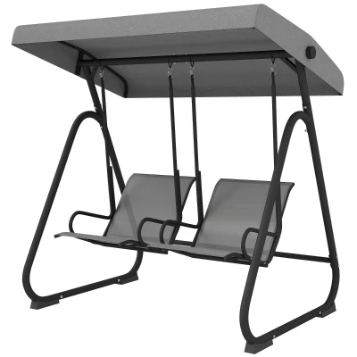 Outsunny Patio Swing Chair w/Adjustable Canopy Outdoor Porch Swing w/Dual Independent Seats 2-Seat Grey