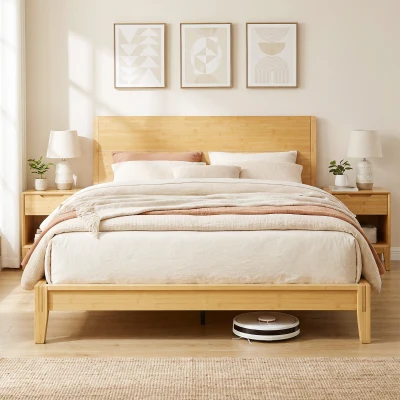 HOMCOM Queen Bamboo Platform Bed Frame with Headboard, Natural