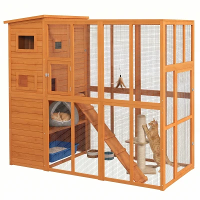 PawHut 68.75" H Cat Cage Large Wooden Outdoor Cat House with Large Run for Play, Catio for Lounging, and Condo Area for Sleeping, Natural