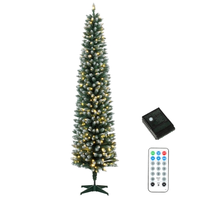 HOMCOM 8ft Slim Prelit Christmas Tree, Dual Color LED, Flocked, Remote