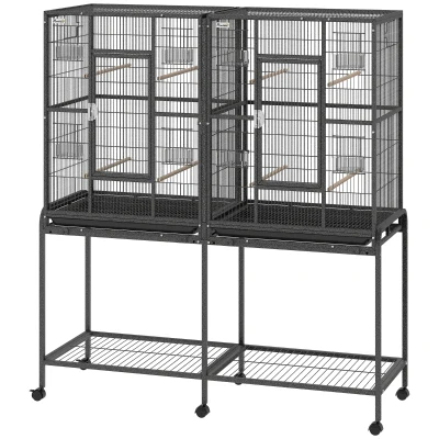 PawHut 56"H Bird Cage, Parrot Cage w/ Detachable Rolling Stand, Removable Tray, Storage Shelf, Perches, Food Container