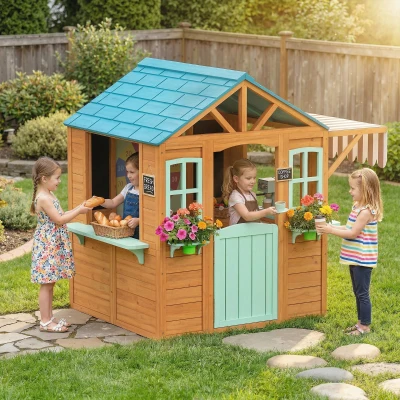 Qaba Outdoor Playhouse with Snack Bar, Windows, Chalkboard, Game