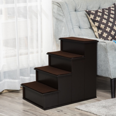 PawHut 4 Levels Wooden Dog Steps Pet Stairs for High Bed, Cat Ladder for Bed Couch with Non-Slip Carpet, Dark Coffee