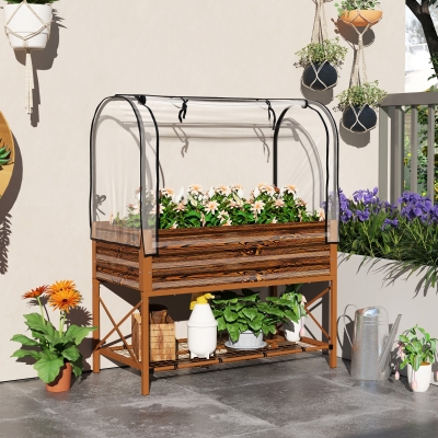 Outsunny Raised Garden Bed with Cover, Metal Elevated Planter Box with Bottom Shelf and Liner, Dark Brown Wood Effect