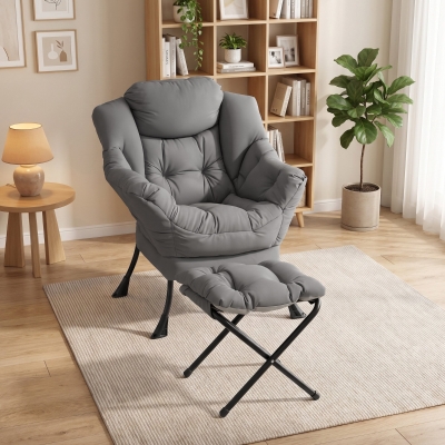 HOMCOM Lazy Chair with Ottoman, Peach Skin Fabric Reading Chair with Foldable Footstool, Plush Cushion, Tufted, Dark Grey