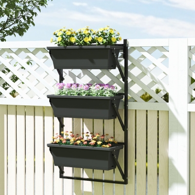 Outsunny 3-Tier Wall-Mounted Planter Box with 3 Pots, Vertical Planters for Outdoor Plants, Dark Grey