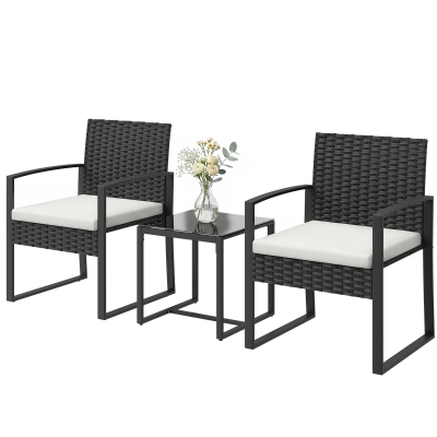 Outsunny Outdoor Bistro Set, 3 Piece Wicker Patio Furniture Set with Glass Top Table and Cushions for Porch, Balcony, Cream White