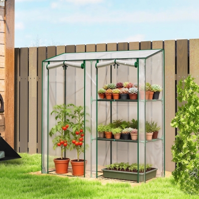 Outsunny Mini Greenhouse, Portable Greenhouse with 3 Shelves, 2 Roll-up Doors, 56.3" x 17.7" x 59.4", Clear