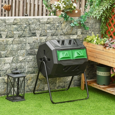 Outsunny Tumbling Compost Bin Outdoor Dual Chamber 360° Rotating Composter 43 Gallon with Sliding Doors, Green