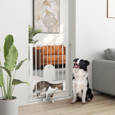 PawHut 30"-32" Extra Wide Pet Gate Barrier with Small Door, 35"H Dog Gate with Safety Gate Barrier, Stair Pressure Fit, White