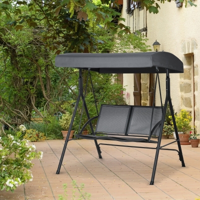 Outsunny 2-Seat Patio Swing Chair, Outdoor Porch Swing Glider w/ Tilting Canopy and Weather Resistant Steel Frame, Dark Grey