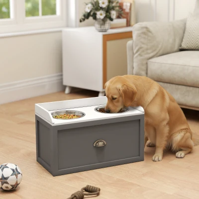 PawHut Elevated Pet Feeding Station with Storage, 2 Bowls, Gray
