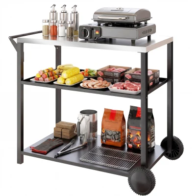 Outsunny Outdoor Grill Cart with Stainless Steel Top, Three-Tier Pizza Oven Stand, BBQ Cart on Wheels, Black