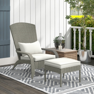Outsunny Wicker Adirondack Chair with Ottoman, Patio Cushioned Muskoka Chair, Outdoor Fire Pit Chair with High-back and Armrests, for Deck, Garden, Backyard, Grey/Cream White