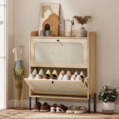 HOMCOM Boho Shoe Cabinet with 2 Flip Drawers, Oak