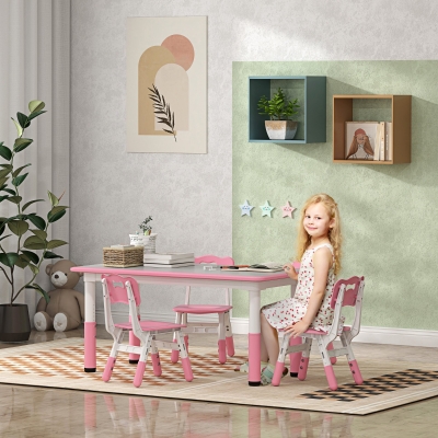 Qaba Kids Table and Chair Set with 4 Chairs, Adjustable Height, Easy to Clean, for 1.5 - 8 Years Old, Pink