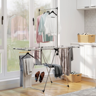 HOMCOM Clothes Drying Rack, Foldable Stainless Steel Laundry Drying Rack with Adjustable Gullwings and Shoe Holders, Silver
