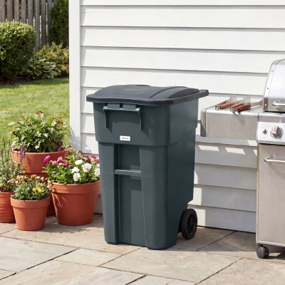 Outsunny Outdoor Garbage Bin with Lid and Wheels, 53 Gallon Large Trash Can Garbage Can with Handle for Patio, Yard, Dark Grey
