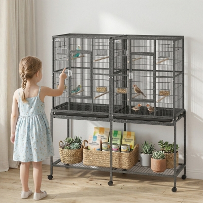 PawHut 56"H Bird Cage, Parrot Cage w/ Detachable Rolling Stand, Removable Tray, Storage Shelf, Perches, Food Container