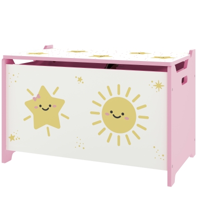 Qaba Pink Toy Box with Lid, Safety Hinges & Groove Handles