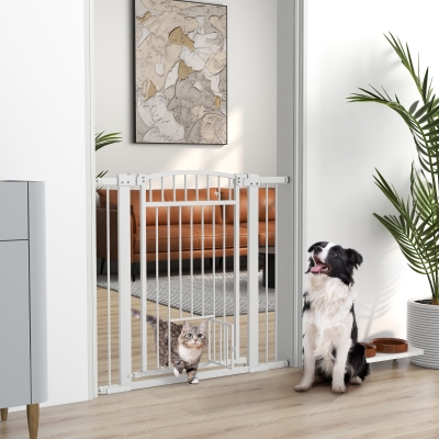 PawHut 30"-41" Extra Wide Pet Gate with Small Door, 30" H Dog Gate with 3-Inch and 5.5-Inch Extension Kit