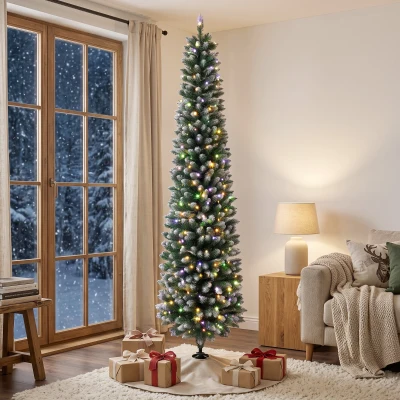 HOMCOM 7ft Slim Prelit Christmas Tree, Dual Color LED, Flocked, Remote