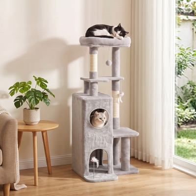 PawHut 52" Cat Tree, Multi-Level Large Cat Tower House with 2-Tier Condo, Bed, Sisal Scratching Posts, Light Grey