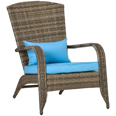 Outsunny Patio Wicker Adirondack Chair, Outdoor PE Rattan Fire Pit Chair, Muskoka Chair w/ Soft Cushions, Tall Curved Backrest and Comfortable Armrests for Deck Garden, Blue