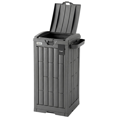 Outsunny 29 Gallon Outdoor Garbage Bin with Dual Lid, Plastic Outdoor Waste Trash Can with Side Holder and Drip Tray, Grey