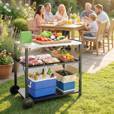 Outsunny Outdoor Grill Cart with Stainless Steel Top, Three-Tier Pizza Oven Stand, BBQ Cart on Wheels, Black