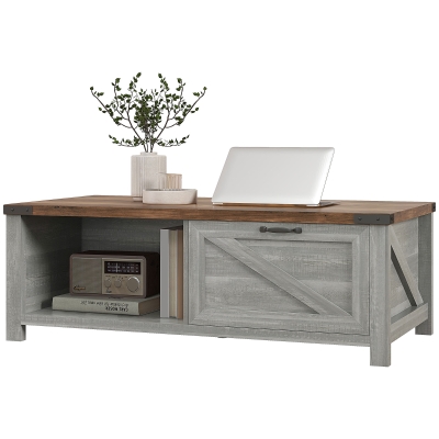HOMCOM Farmhouse Coffee Table with Drawer & Shelf, Distressed Gray