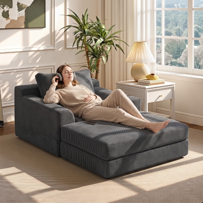 HOMCOM 51" Chair Bed, Corduroy Upholstered Sleeper Chair with Pillow, Dark Grey