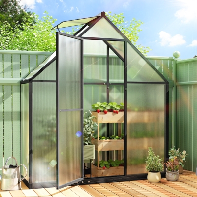 Outsunny Polycarbonate Greenhouse Walk-in Greenhouse with Swing Door and Adjustable Window, 5.5 x 2ft, Black
