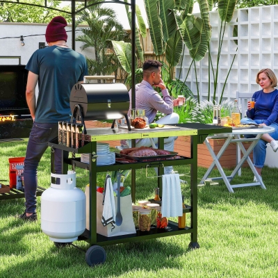 Outsunny 3-Shelf Outdoor Grill Cart Table with Foldable Side Table and Stainless Steel Table Top, Pizza Oven Stand on Wheels