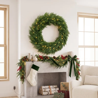 HOMCOM 36" Pre-Lit Norfolk Pine Christmas Wreath, 100 LED, Green