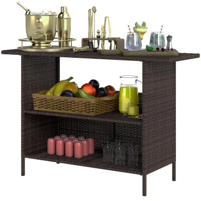 Outsunny Wicker Outdoor Bar Table, PE Rattan Bar Height Patio Table with 2 Shelves, Steel Frame for Garden, Backyard, Dark Brown