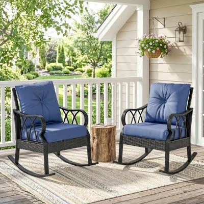 Outsunny 2-Piece Outdoor Wicker Rocking Chairs, Blue Cushions