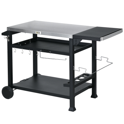 Outsunny 3-Shelf Outdoor Grill Cart Table with Foldable Side Table and Stainless Steel Table Top, Pizza Oven Stand on Wheels