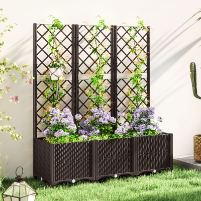 Outsunny Raised Garden Bed with Trellis, Plastic Raised Flower Bed with Drainage Holes and Drain Plugs