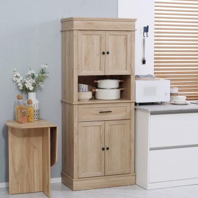 HOMCOM Modern Freestanding Kitchen Pantry Cabinet with Doors Open Shelves Adjustable Shelving Microwave Space, Oak
