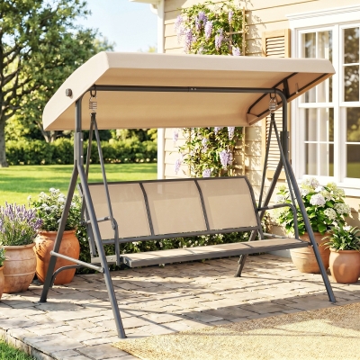 Outsunny 3-Seater Swing Chair Covered Garden Hammock A-Frame Outdoor Porch Glider Sling Seat with Adjustable Canopy Cover, Beige
