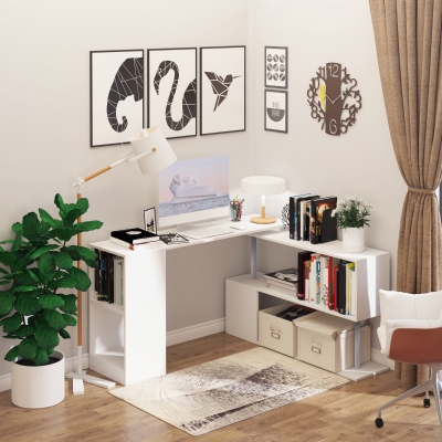 HOMCOM 55" Corner Computer Desk, 360° Rotating L-Shaped Desk, Home Office Workstation with 3-Tier Shelves, Bookshelf, White