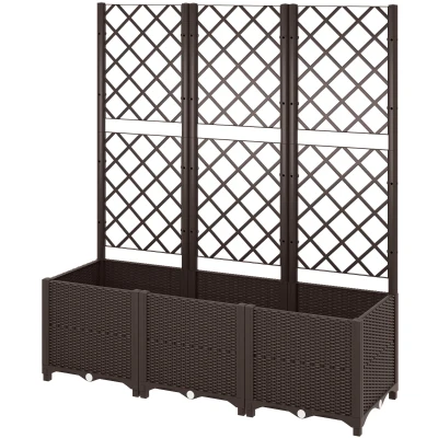 Outsunny Raised Garden Bed with Trellis, Plastic Raised Flower Bed with Drainage Holes and Drain Plugs